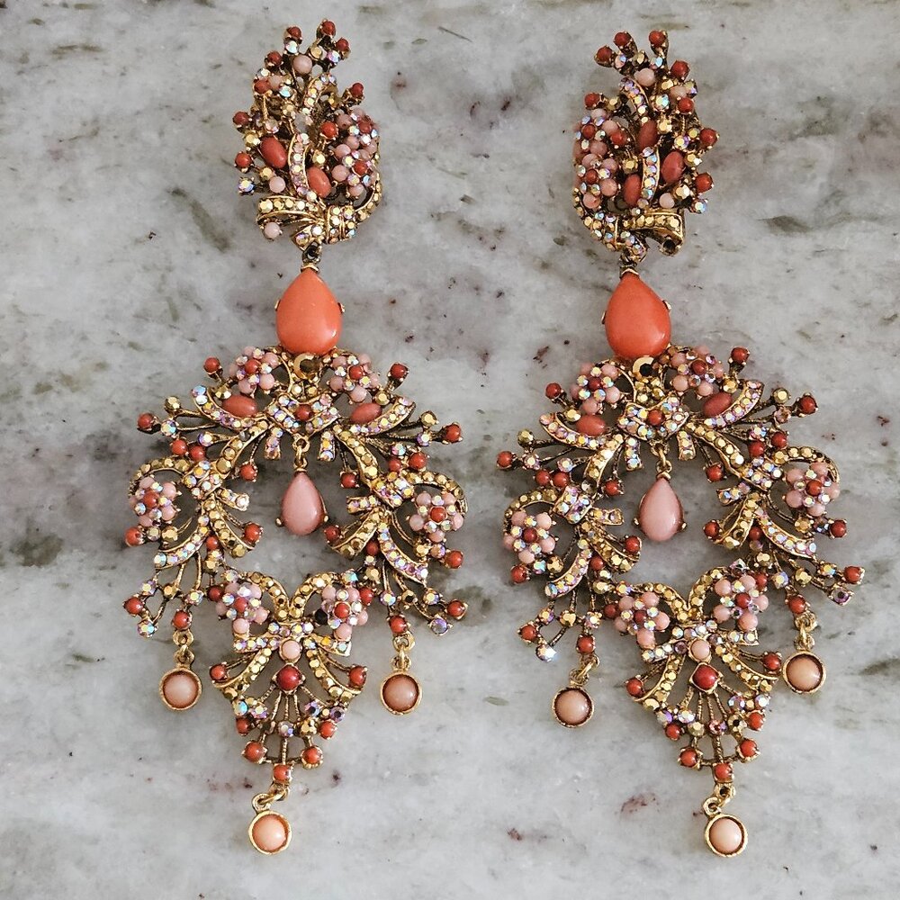 RARE STATEMENT JOSE MARIA BARRERA CORAL CRYSTAL EVENING DROP CHANDELIER EARRINGS